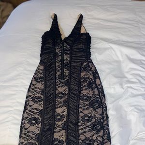 BEBE Black Beige V Neck Nude Ruched Overlay Bodycon Dress Size S